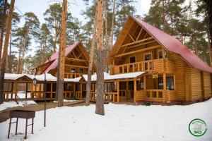 una cabaña de madera en el bosque en la nieve en BKC Country, en Sosnoviy Bor