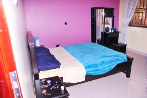 Katale的住宿－Seguku Katale Apartment 1，一间卧室配有一张床和紫色的墙壁