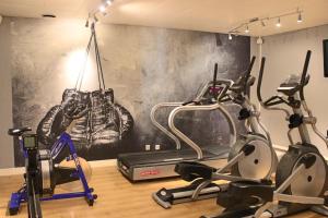 a gym with cardio equipment and a wall with a painting at Hotell Wilhelmina in Vilhelmina