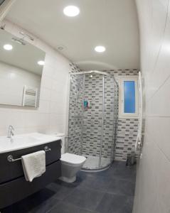 een badkamer met een douche, een toilet en een wastafel bij Apartament Sant Quirze de Besora in Sant Quirze de Besora