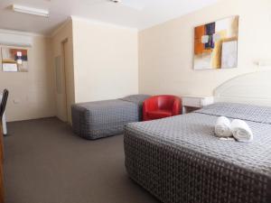 a hotel room with a bed, chair, and a television at Nagambie Caravan Park & Motel in Nagambie