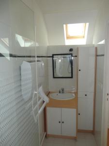 a small bathroom with a sink and a mirror at Le Loft, l'annexe in Lorient