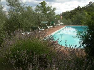 a swimming pool with two chairs and a table at Agriturismo "Crocino in Chianti" in Gaiole in Chianti