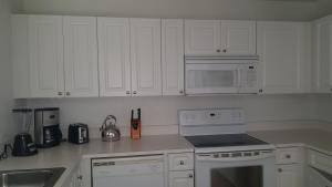 a kitchen with white cabinets and a stove and microwave at Beautiful Condo Close to Busch Gardens in Tampa