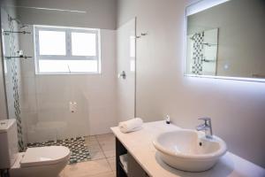 a bathroom with a sink and a toilet and a shower at The Whale on Main B&B in Hermanus