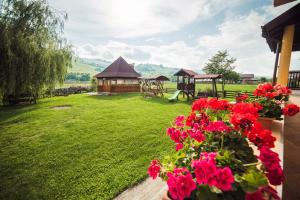 a garden with a gazebo and red flowers at Pension Elegance in Gura Humorului