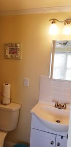 a bathroom with a sink and a toilet and a mirror at donovan"s Reef in Oak Island