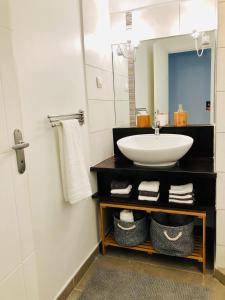 uma casa de banho com um lavatório e um espelho em Appartement Au Bord de l'Eau em Le Moule