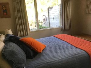 a bedroom with a bed with an orange pillow and a window at Treetops On Heta in New Plymouth