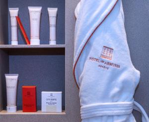 a shelf with a towel and other products on it at Les Armures in Geneva