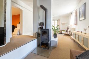 a living room with a fireplace in the middle at Alte Falknerei in Weimar