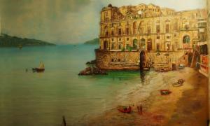 ナポリにあるLe Vie Di Napoli B&Bの水面横の建物の絵画