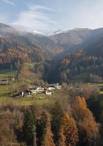 a small town in a valley with trees and mountains at Temblhof in Vipiteno