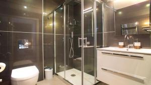 a bathroom with a shower and a toilet and a sink at Downtown Design Apartment in Donostia-San Sebastián +9 photos