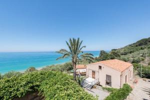 een huis met een palmboom en de oceaan bij Villa Palamara 1868 Apartments in Cefalù