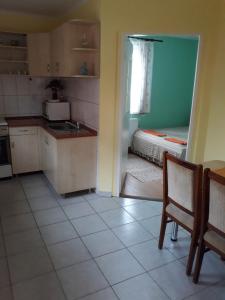 a kitchen with a sink and a bed in a room at Margit kulcsosház in Rareş