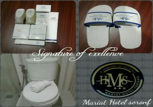 a collage of three pictures of a bathroom with a toilet at Hotel Mariat Sorong in Sorong