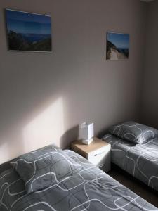 - une chambre avec 2 lits, une table de chevet et 2 photos sur le mur dans l'établissement Joli 3P avec terrasse et Garage proche Centre, à Strasbourg