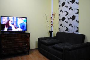 ein Wohnzimmer mit einem Sofa und einem TV auf einer Kommode in der Unterkunft Apartament GIORGI in Bordschomi
