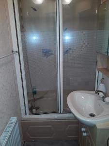 a bathroom with a shower and a sink at Ezüst fenyő vendégház in Borzont +41 photos