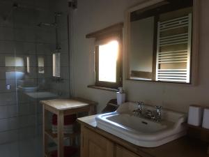 a bathroom with a sink and a shower and a mirror at Gite d'Audrey et Jean in Uttenheim +40 photos