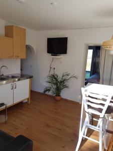 a kitchen and living room with a table and a tv on the wall at Ferienwohnung Morbach in Morbach