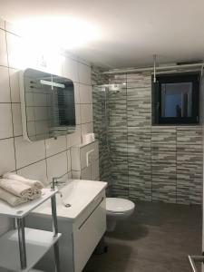 a white bathroom with a sink and a toilet at Apartment Tosca near Vintgar and Lake Bled in Zgornje Gorje