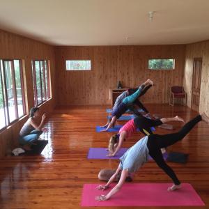 a group of people doing yoga in a room at Shambhala Cabins in Onekaka