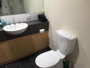 a bathroom with a white toilet and a sink at Brunswick B & B in Melbourne