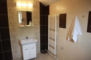 a bathroom with a sink and a toilet and a mirror at Casa File de Poveste in Târgu Jiu +50 photos