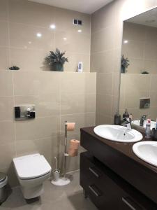 uma casa de banho com um WC, um lavatório e um espelho. em Silver Mountain G1 43 em Poiana Brasov