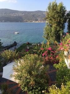 - une vue sur un lac avec un bateau dans l'eau dans l'établissement Roditses Beach Sea Front Apartments, à Samos