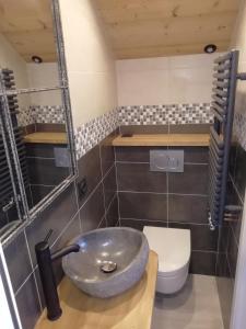 La salle de bains est pourvue d'un lavabo et de toilettes. dans l'établissement Studio en Duplex Renové, à Thônes