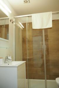 a bathroom with a glass shower with a sink at A Fonte das Hortas Residencial in Santiago de Compostela