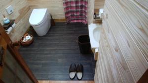 a small bathroom with a toilet and a sink at Resort Garni CORU in Nagawa