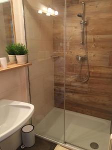 a shower with a glass door next to a sink at Appartement Pichler in Radstadt +44 photos