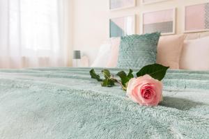 une rose rose assise au-dessus d'un lit dans l'établissement La Rosa, à Ferrare