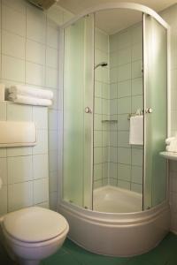 a bathroom with a shower and a toilet at City Hotel Matyas in Budapest