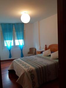 ビラガルシーア・デ・アロウサにあるPiso en Villagarcia de Arosaのベッドルーム1室(ベッド1台、青いカーテン付きの窓付)