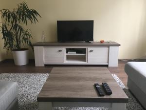 Liivalaia Apartment في تالين: غرفة معيشة فيها تلفزيون على مركز ترفيه ابيض