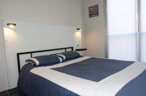 カンペールにあるLe Palais - Appartement au centre ville avec parking privéのベッドルーム(青い枕の大型ベッド1台付)
