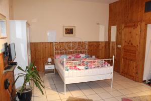 マインツにあるFerienwohnung Toscanaの木製の壁のベッドルーム1室(白いベッド1台付)