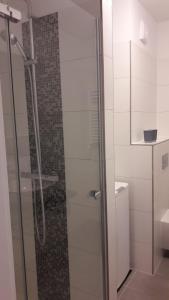um chuveiro com uma porta de vidro na casa de banho em La Dolce Vita 1 em Dziwnówek