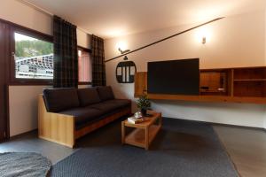 BASE CAMP alpine apartments في بيريول تشيرفينيا: غرفة معيشة مع أريكة وتلفزيون بشاشة مسطحة