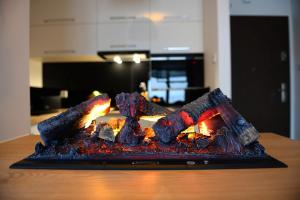 a pile of logs sitting on top of a fireplace at Apartamenty Kora in Krynica Zdrój