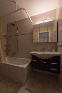 a bathroom with a tub and a sink and a mirror at Muhusin Apartments in Aarau