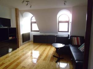 a living room with a couch and two windows at Aulich Apartman in Miskolc