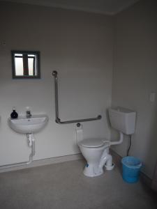 a bathroom with a toilet and a sink at Tasman Bay Backpackers in Nelson
