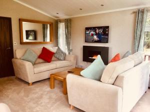 sala de estar con 2 sofás y chimenea en The Lodges at Sapey Golf & Country Club en Upper Sapey