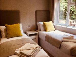 The Lodges at Sapey Golf & Country Club في Upper Sapey: غرفة بسريرين ومخدات صفراء ونافذة